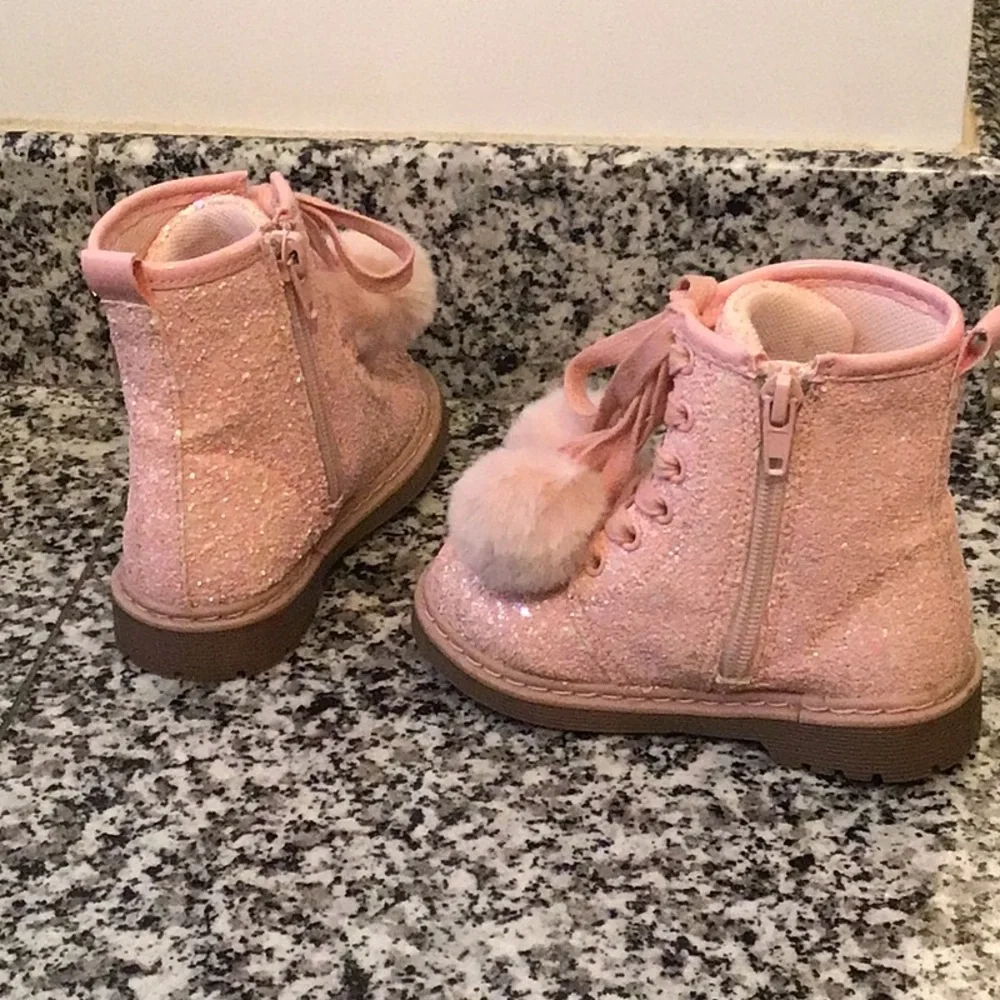Glittery Pink Kids Boots with Pom Poms
